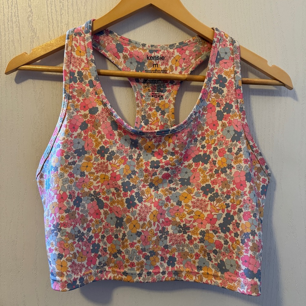 Kensie Vanilla Ditsy Floral Crop Top Performance Sports Bra Women's Size Medium